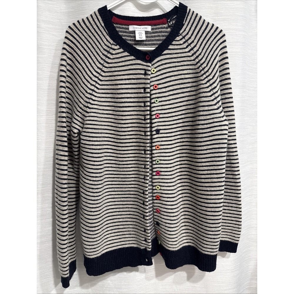 Tabitha Webb Knit Cardigan Sweater Size XL Navy Blue Lambswool Striped Preppy